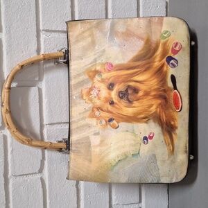 Adorable Dog Print Faux Diamond Handbag with Bamboo Handles.